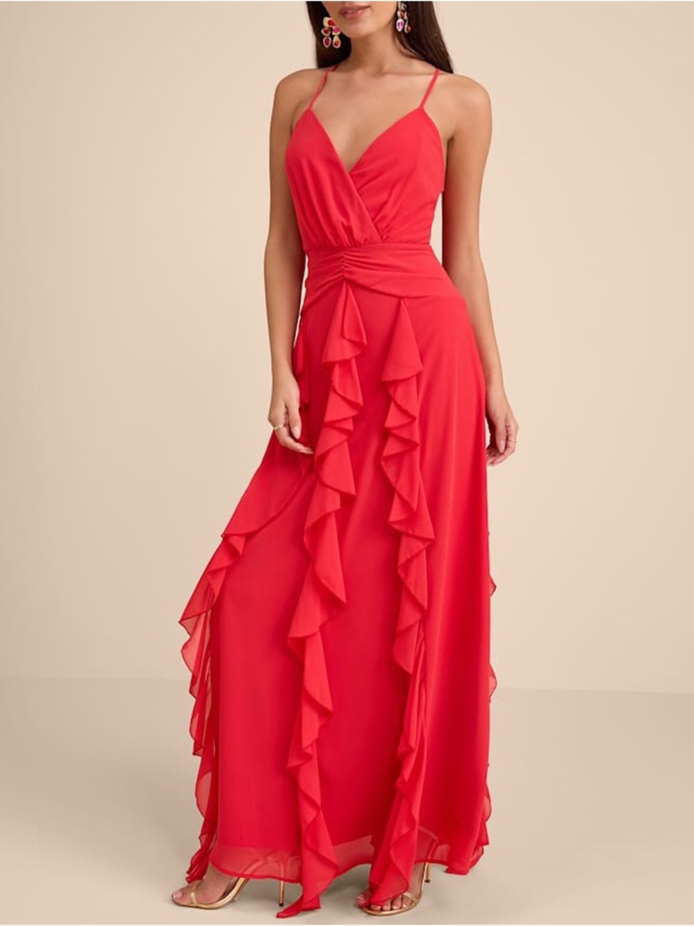 Lulus Astraea Red Surplice Ruffled Maxi Dress Size M NWT